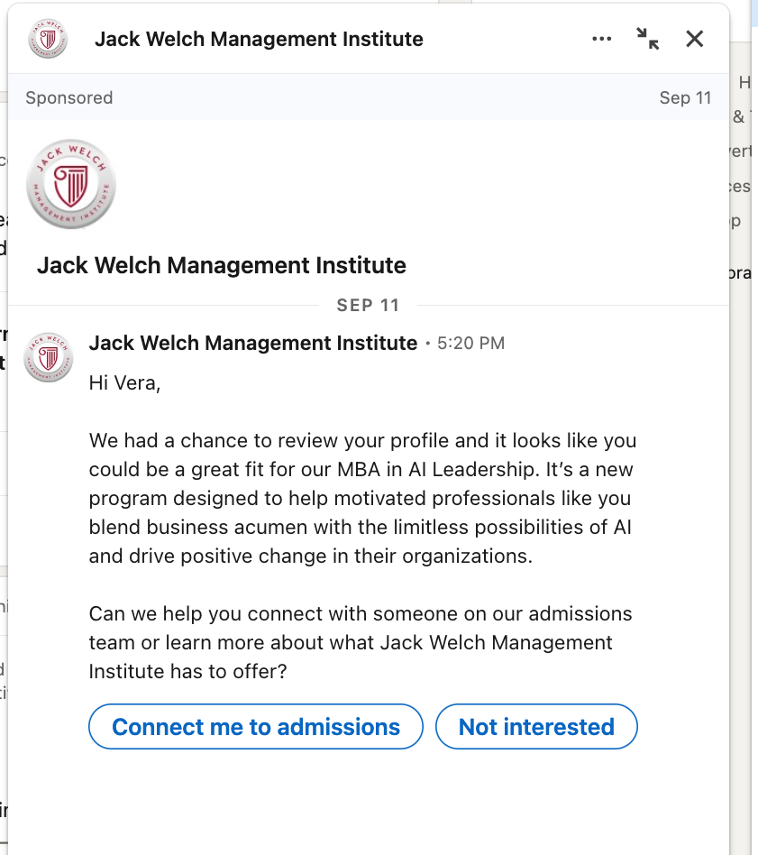 how to advertise on LinkedIn,  messaging ad example