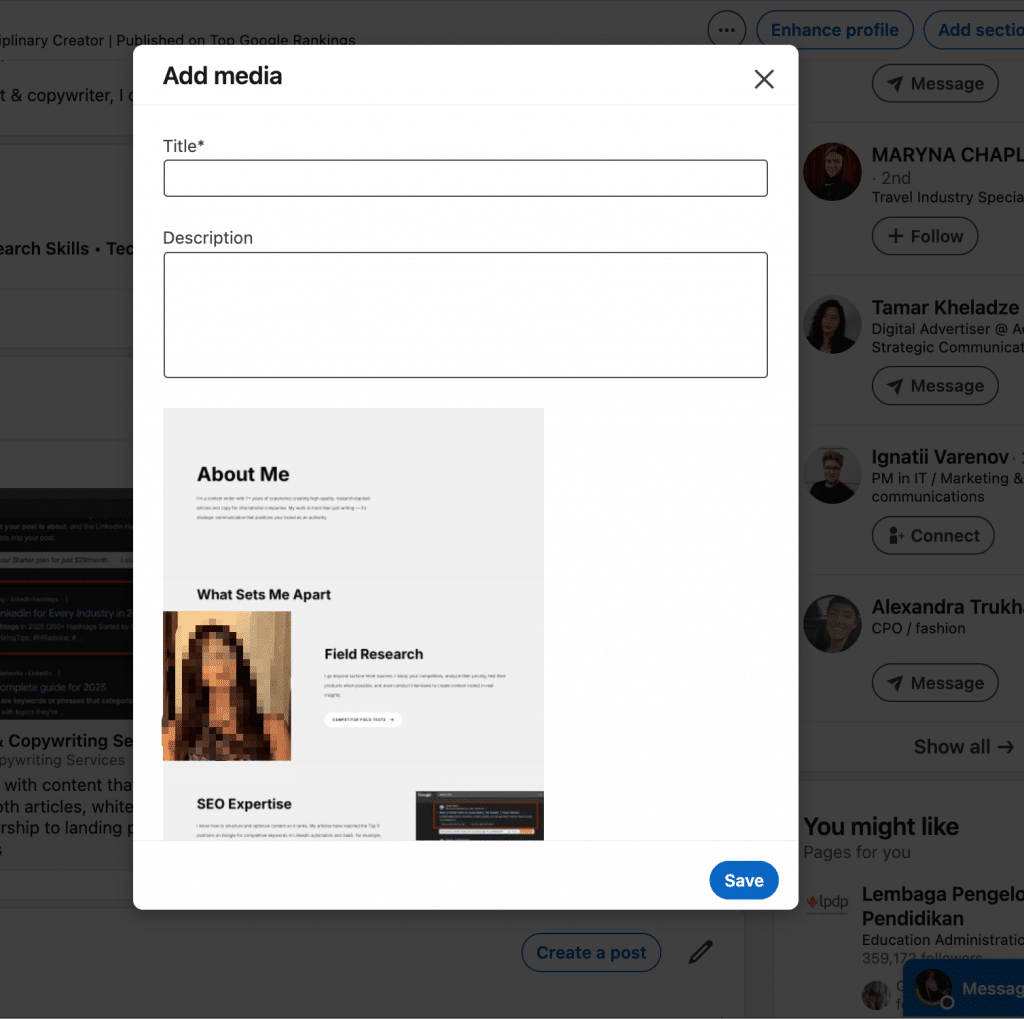 how to upload portfolio on linkedin, pdf file linkedin