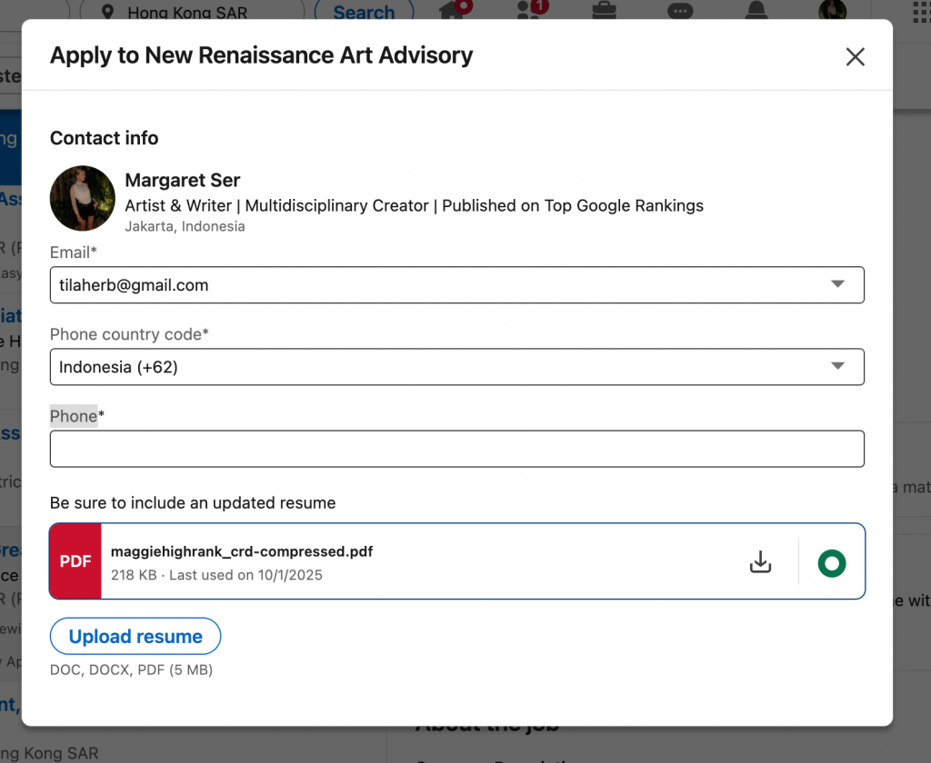 A short pop-up form appears linkedin easy apply
