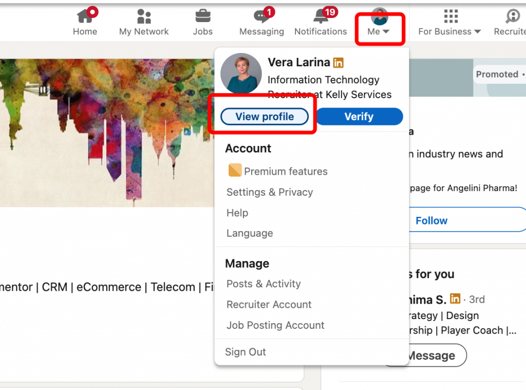 how to enable open profile on linkedin the “Me” dropdown menu and the “View Profile” button.