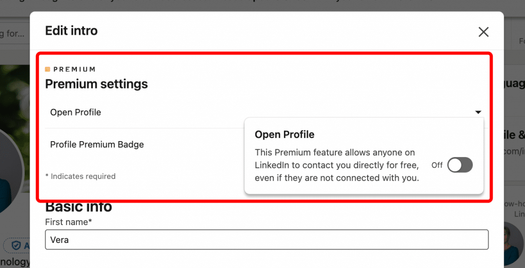 how to enable open profile on linkedin Premium icon and the dropdown area c edit pencil button  