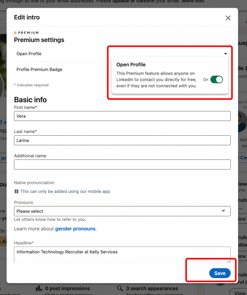 how to enable open profile on linkedin save button  