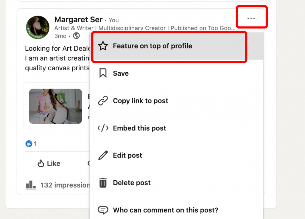 how start LinkedIn Featured section menu button