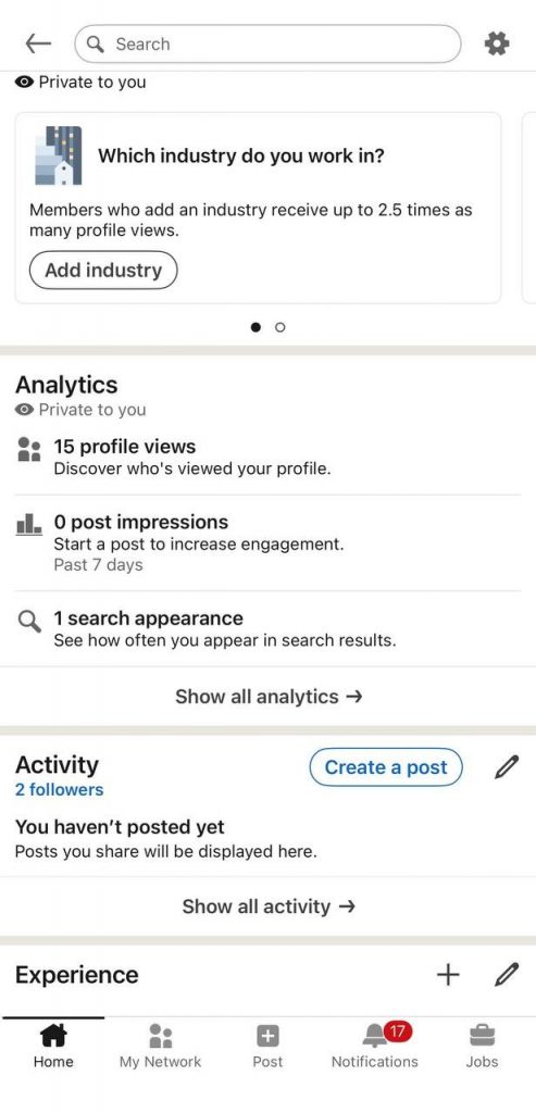 linkedin app see your Activity or Analytics panel.