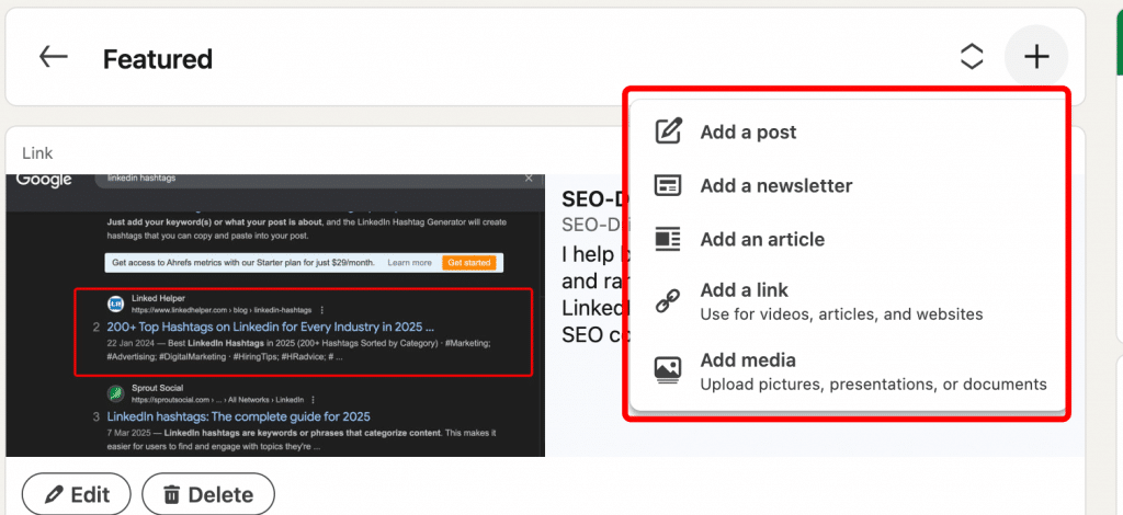 add media how start LinkedIn Featured section
