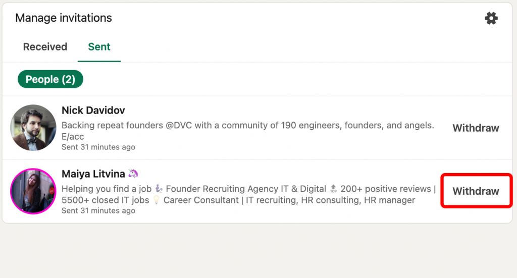 manage invitations withdraw button