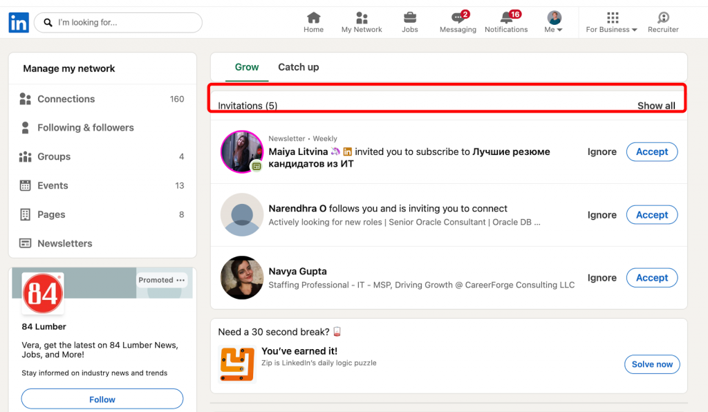invitations show all manage network page