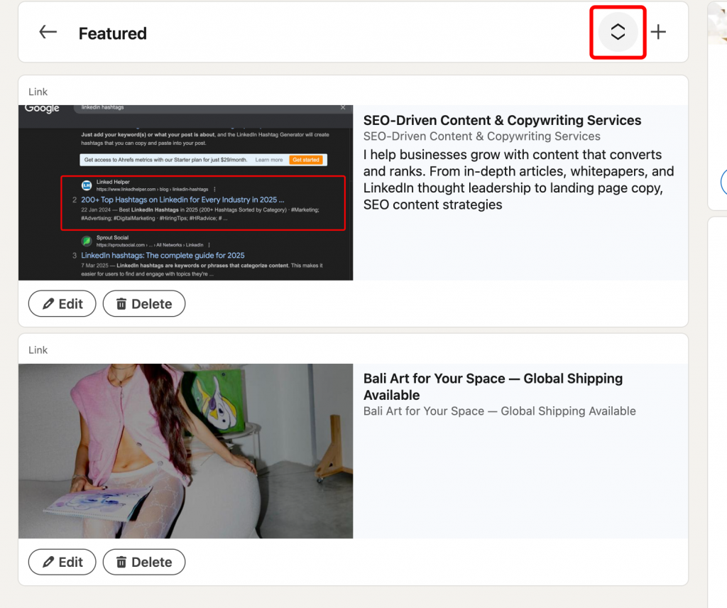 change order how start LinkedIn Featured section