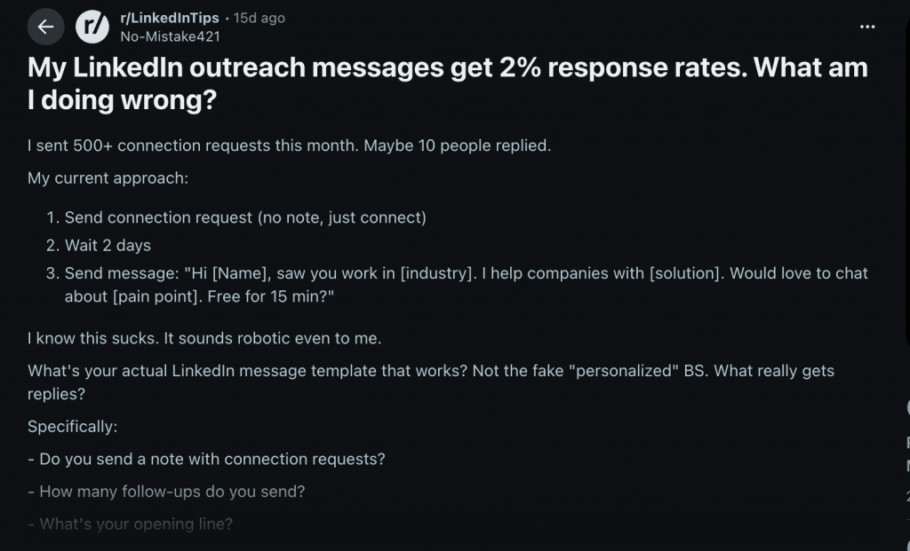 LinkedIn outreach reddit post
