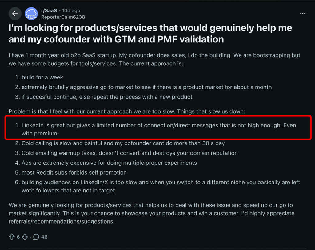 why message fails linkedin saas reddit post 