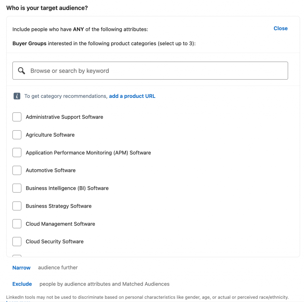 Performance breakdown showing LinkedIn vs Audience Network metrics example choose tagret