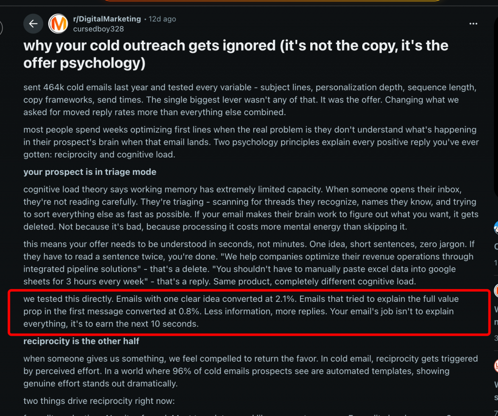 Emails with one clear idea converted at 2.1%. Emails that tried to explain the full value prop in the first message converted at 0.8%