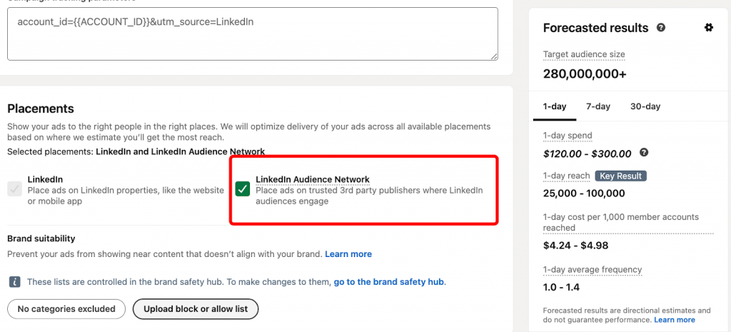 Performance breakdown showing LinkedIn vs Audience Network metrics example checked