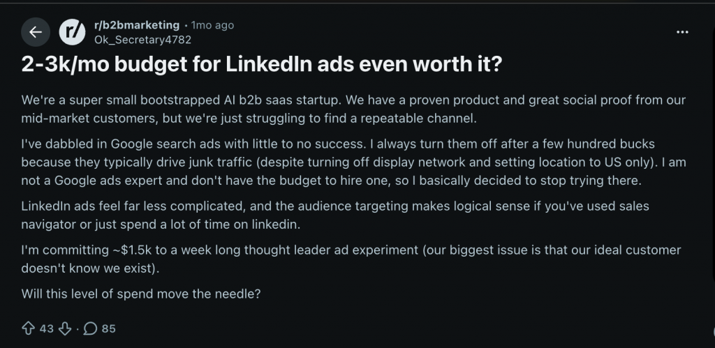 linkedin budget ads reddit post