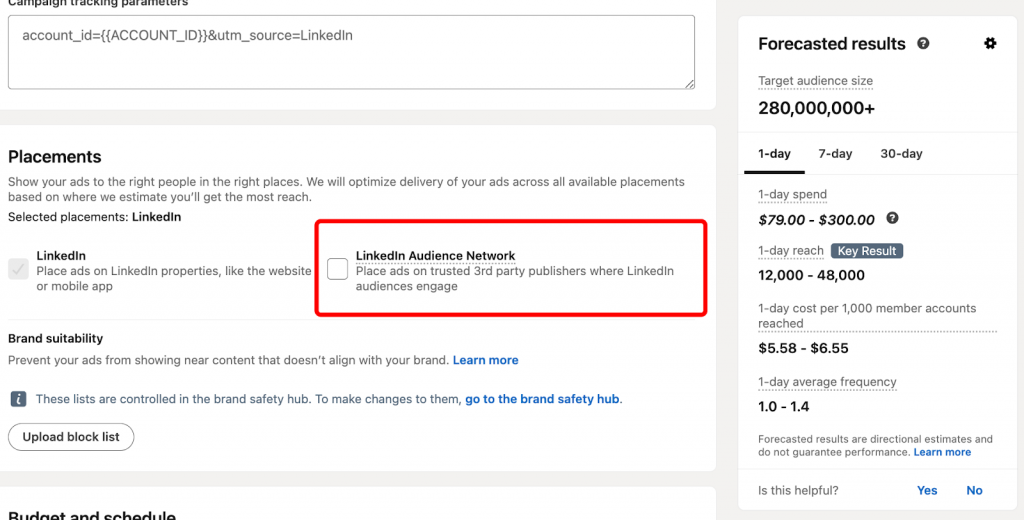Performance breakdown showing LinkedIn vs Audience Network metrics example