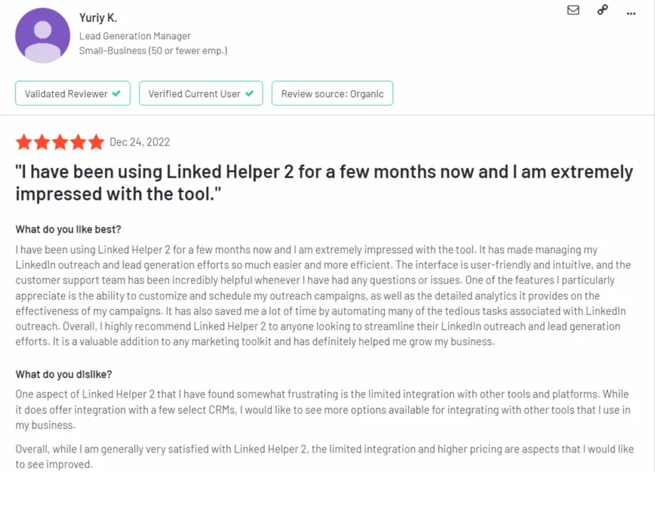 Estoy extremadamente impresionado con la herramienta - Gerente de generación de leads Yuriy K