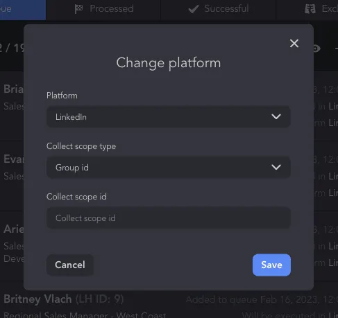 Plattform wechseln, um Profile anhand der Gruppen-ID zu erfassen