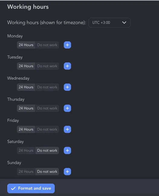 Menüleiste für „Working hours“ bei der Kontaktaufnahme auf LinkedIn