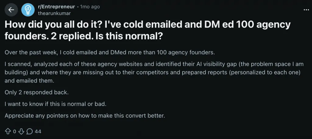 Reddit-Beitrag zu Ergebnissen von Kaltakquise-E-Mails und LinkedIn-Kontaktaufnahme