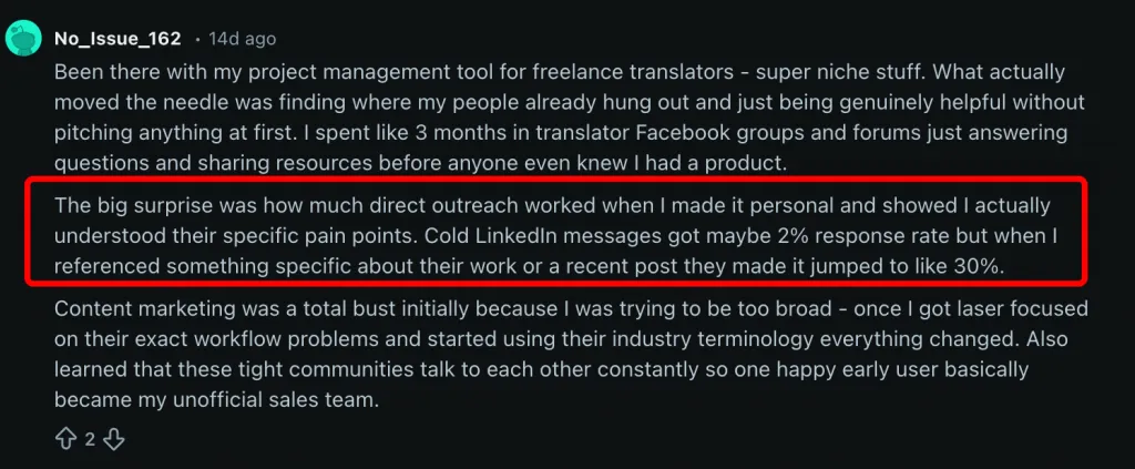 Reddit-Beitrag zu kalten LinkedIn-Nachrichten