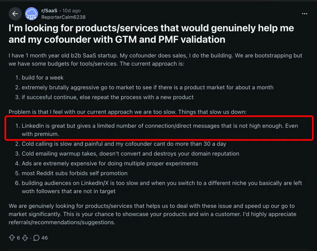 Reddit-Beitrag darüber, warum Nachrichten auf LinkedIn scheitern