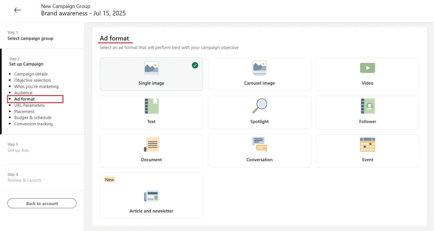 Choosing LinkedIn ad type during campaign setup