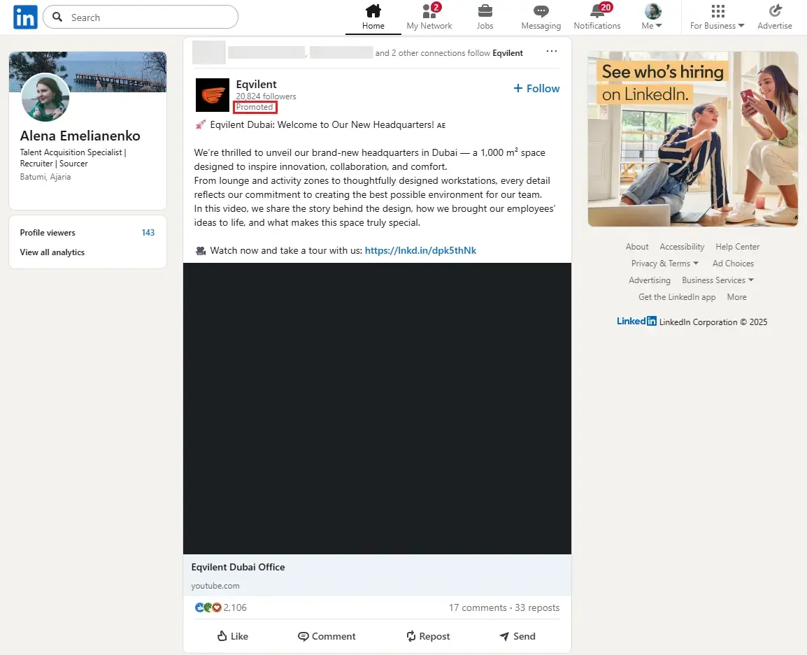 Sponsored Content ad example in LinkedIn feed