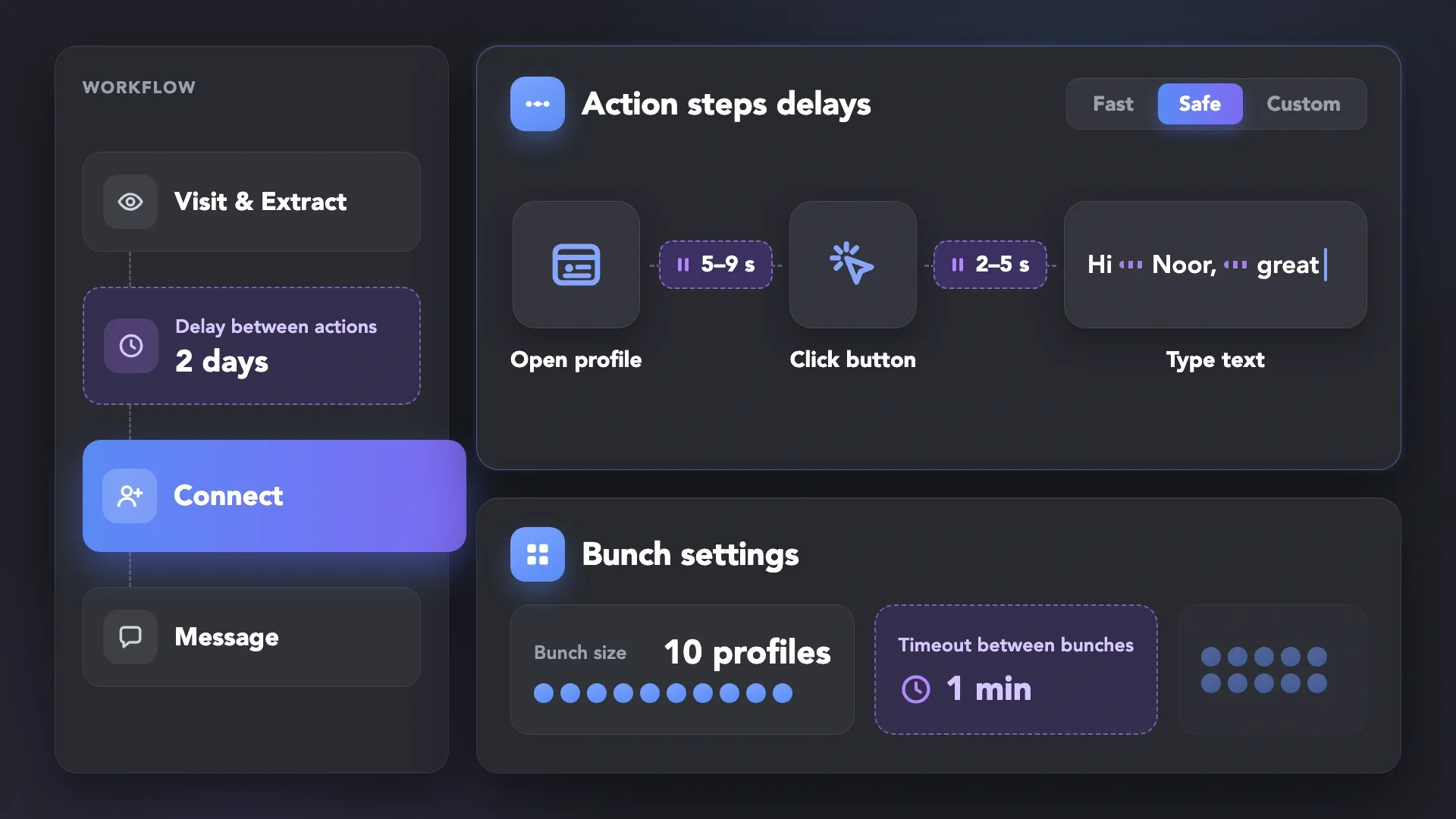 Workflow with a two-day Delay between actions, Action steps delays between opening a profile, clicking, and typing, and bunch size and timeout settings