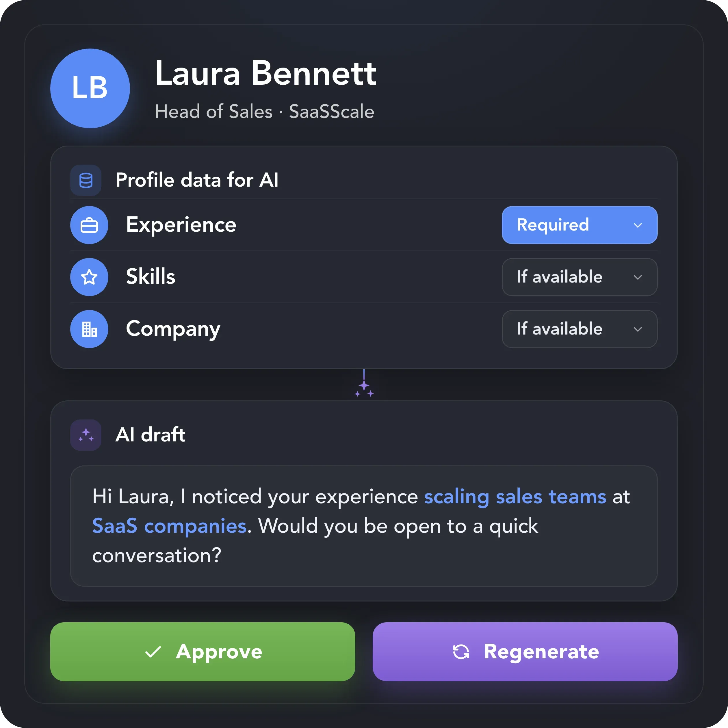 AI Personalized Messages draft generated from a prospect’s profile, experience, skills, and company data