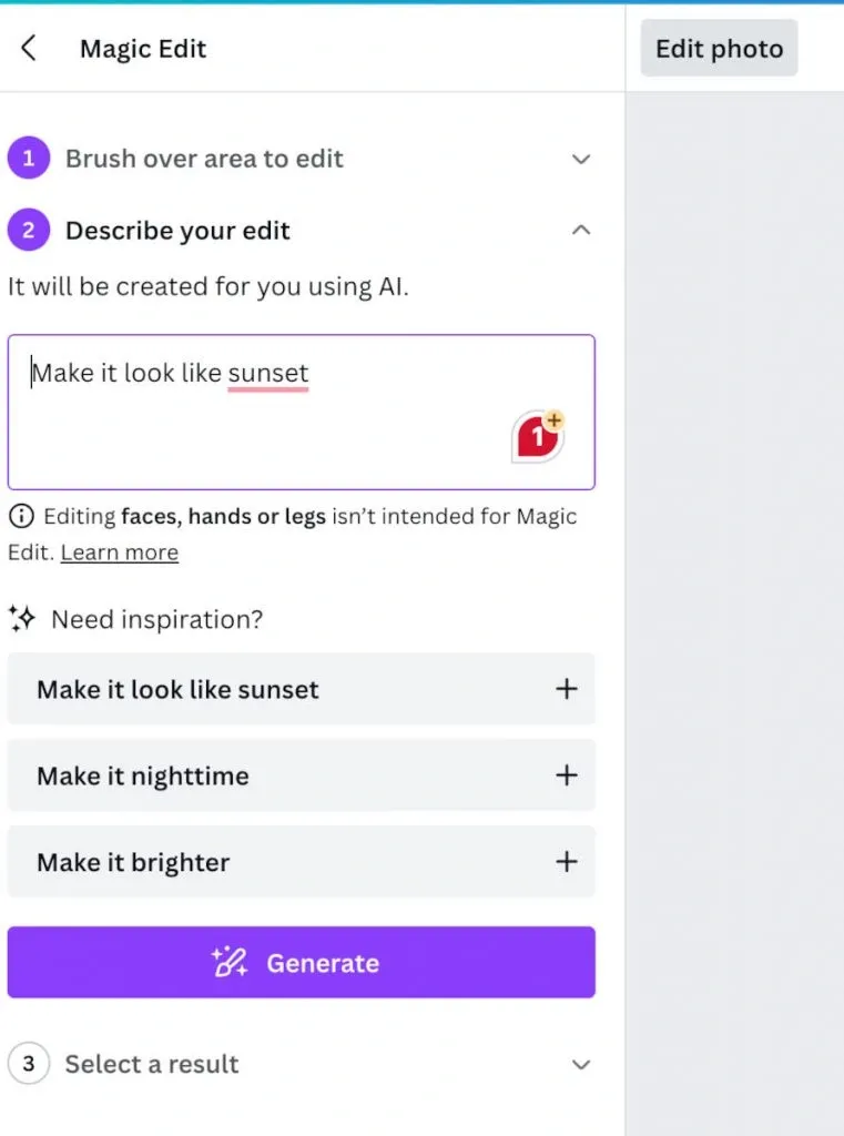AI-LinkedIn-Porträtfotos – Canva-Benutzeroberfläche