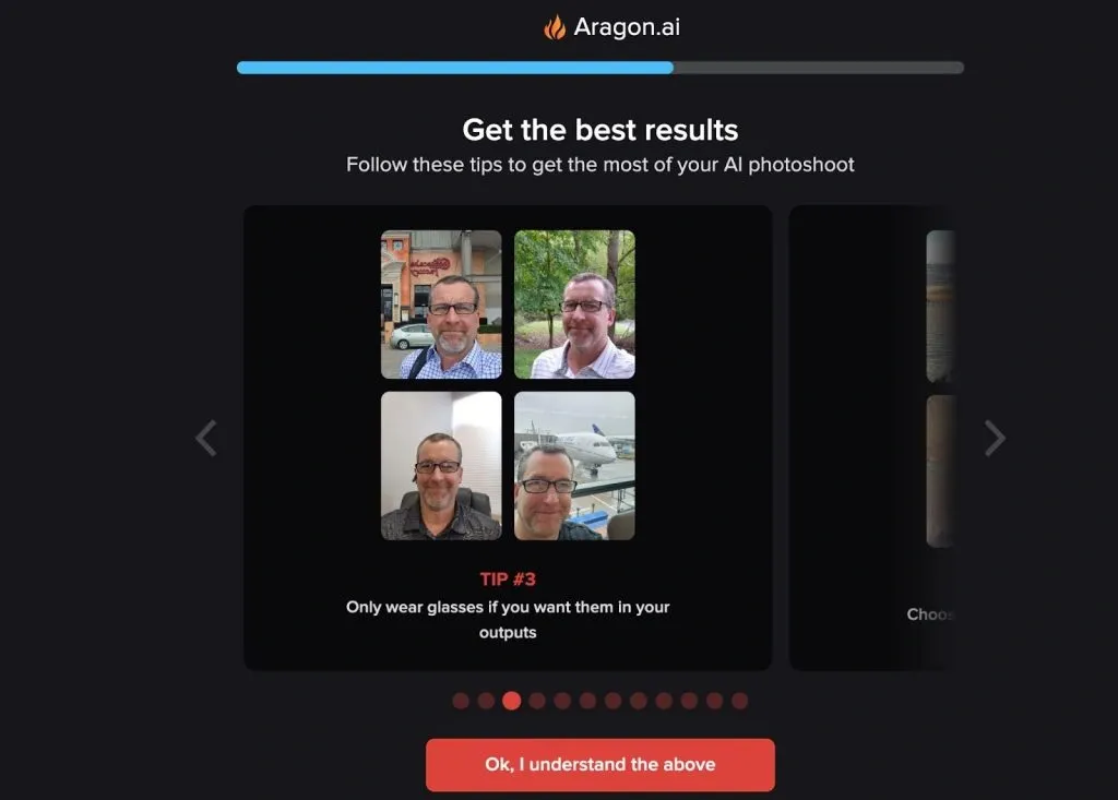 Hinweise in der Aragon-Benutzeroberfläche für AI-LinkedIn-Porträtfotos