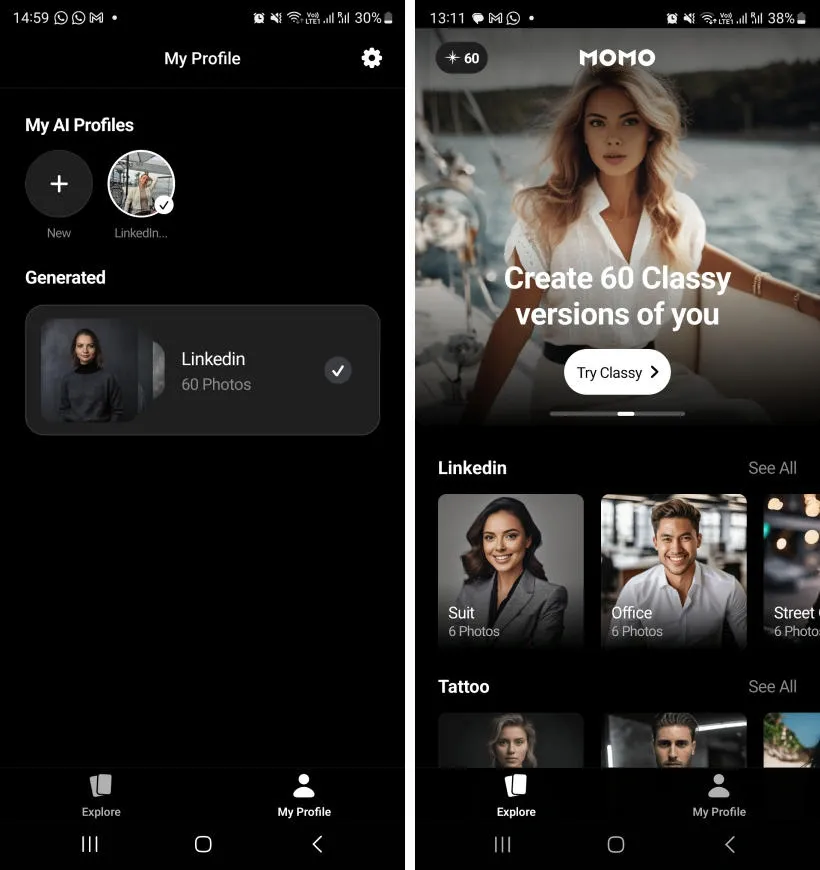 AI-LinkedIn-Porträtfotos – Benutzeroberfläche der Momo-App