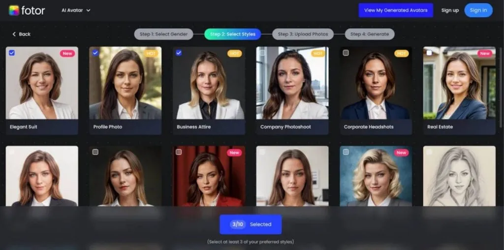 AI-LinkedIn-Porträtfotos – Auswahl von Kleidungsstilen und generierte Ergebnisse bei Fotor