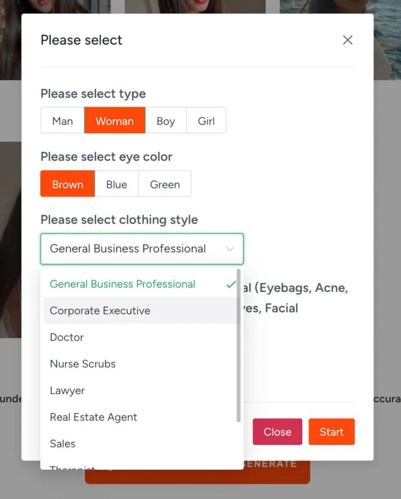 AI-LinkedIn-Porträtfotos – Generierungsparameter von ProPhotos.ai
