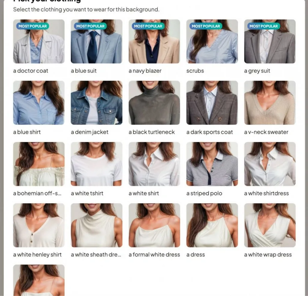 AI-LinkedIn-Porträtfotos – Kleidungsauswahl bei Headshot Pro