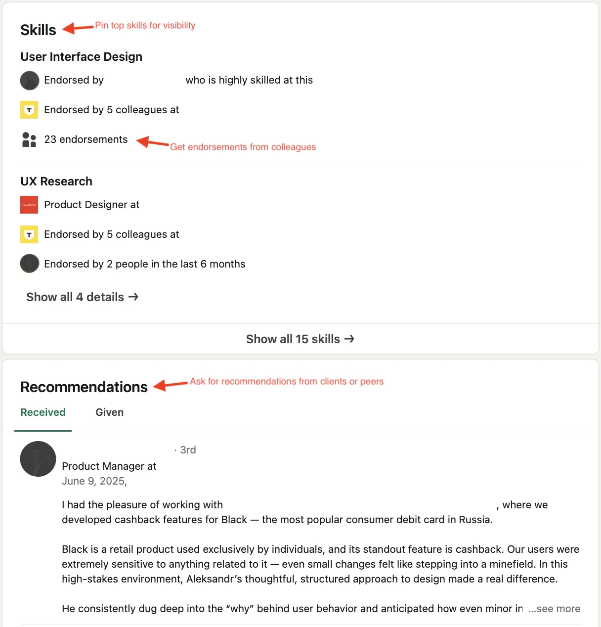 Annotated LinkedIn Page Highlighting Key Sections For Optimization