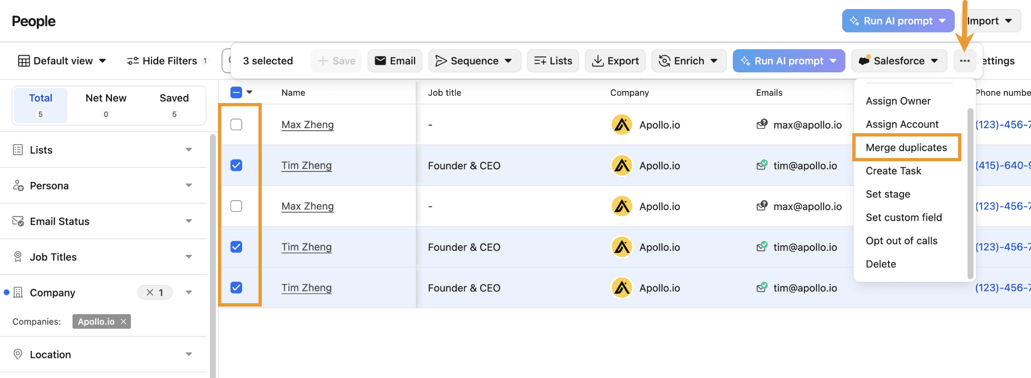 Apollo.io people list bulk Actions menu