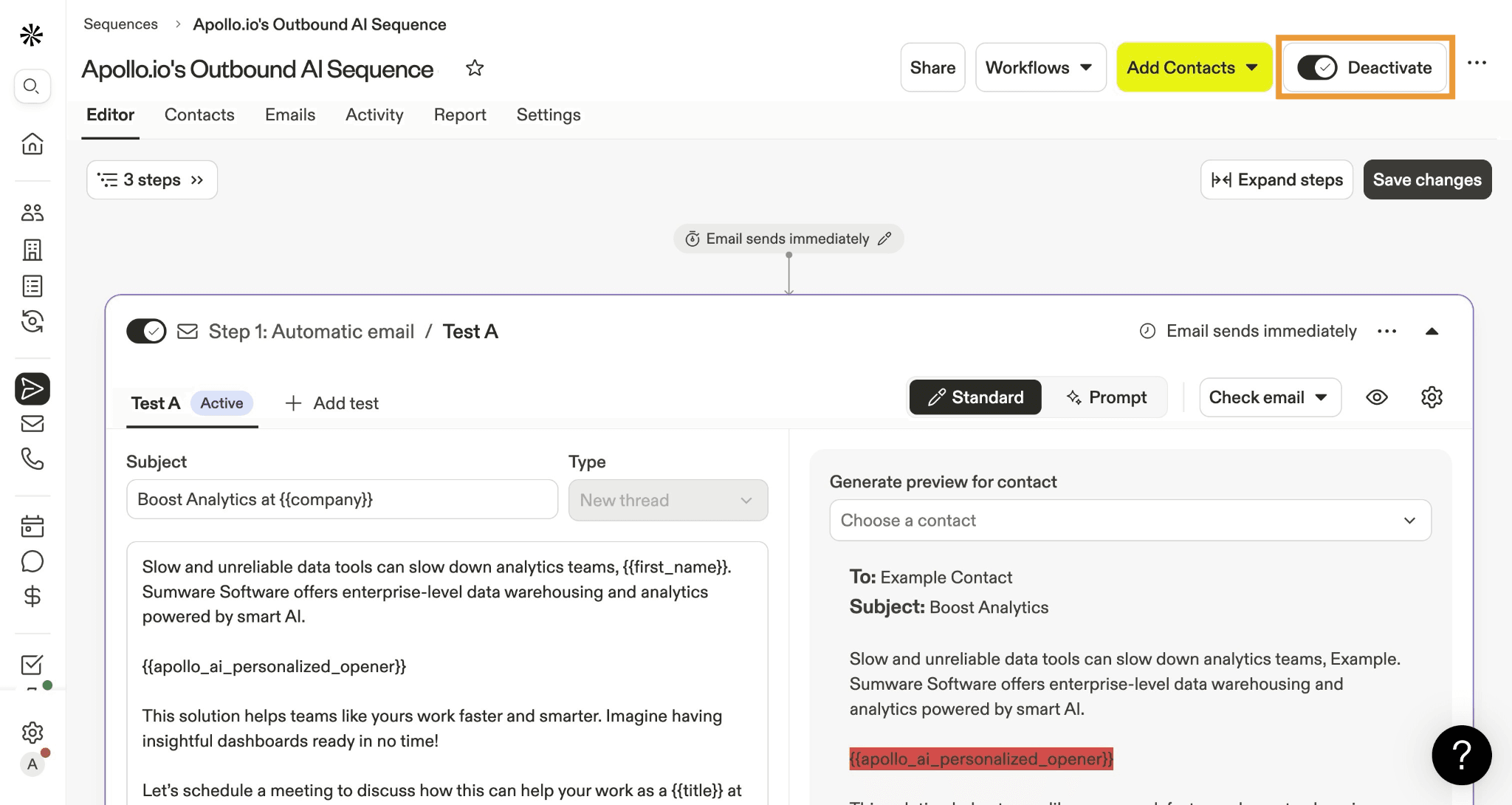 Apollo.io sequence editor with an automatic email step
