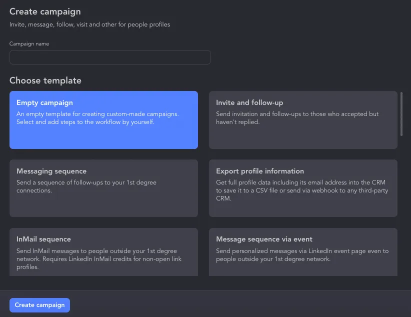 Screenshot des Menüs „Choose Template“ in Linked Helper