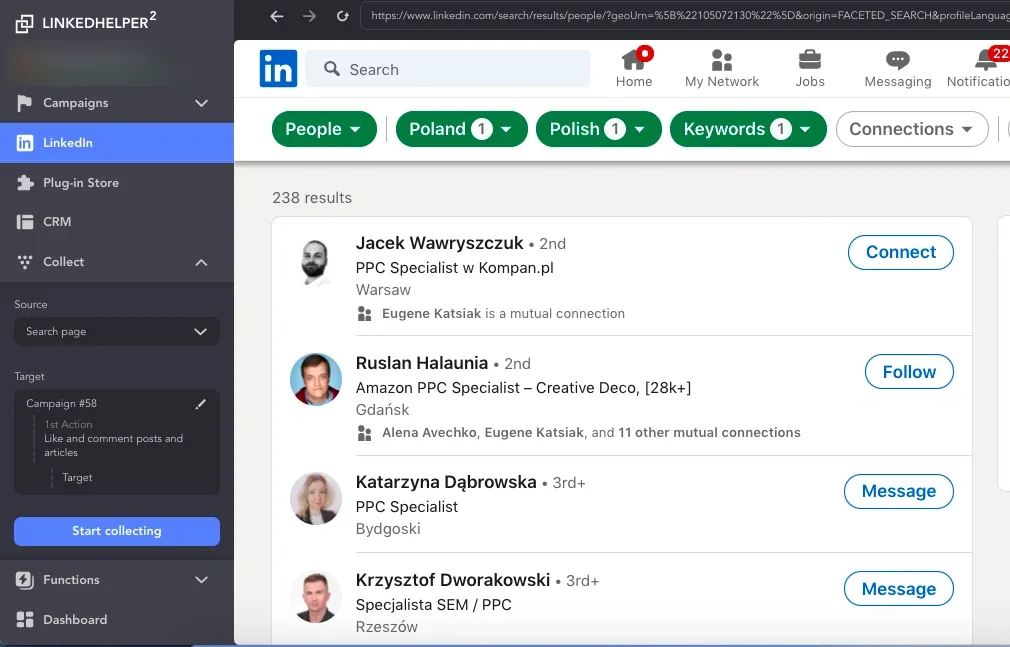 Screenshot einer gefilterten Suche auf LinkedIn mit Schlüsselwörtern und Standort.