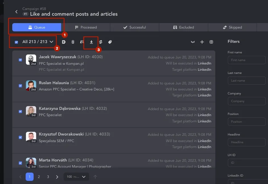 Screenshot des Menüs in Linked Helper zum Herunterladen von Profilen aus einer Suche