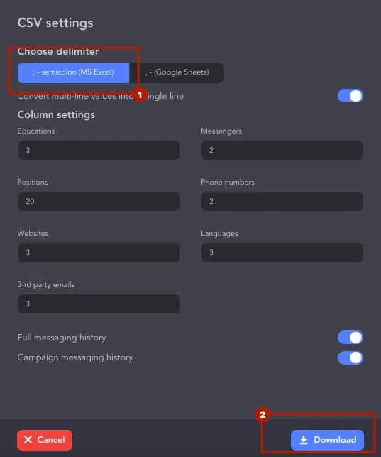 Screenshot des Menüs in Linked Helper zum Herunterladen von Profilen aus einer Suche