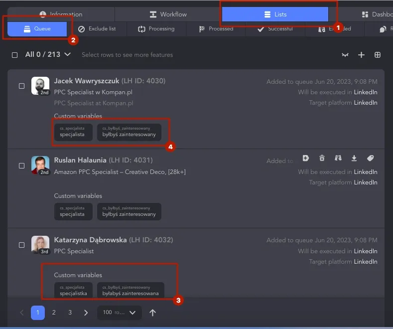 Screenshot von Linked Helper mit benutzerdefinierten Variablen für jeden Lead.