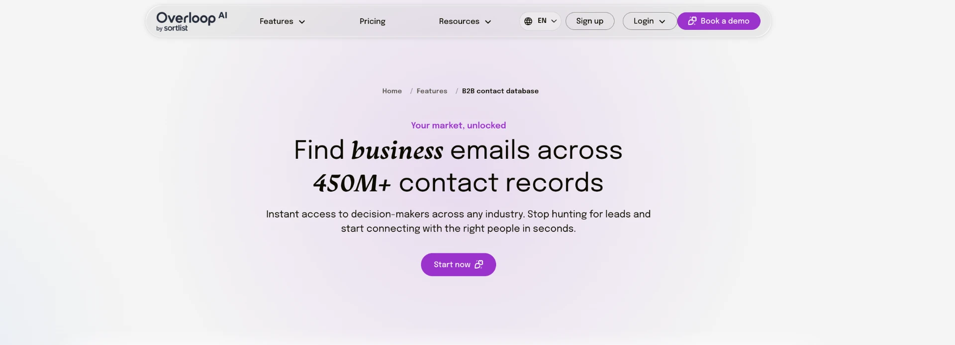 Overloop AI B2B contact database feature page — "Find business emails across 450M+ contact records" with the tagline "Your market, unlocked" and a Start now button