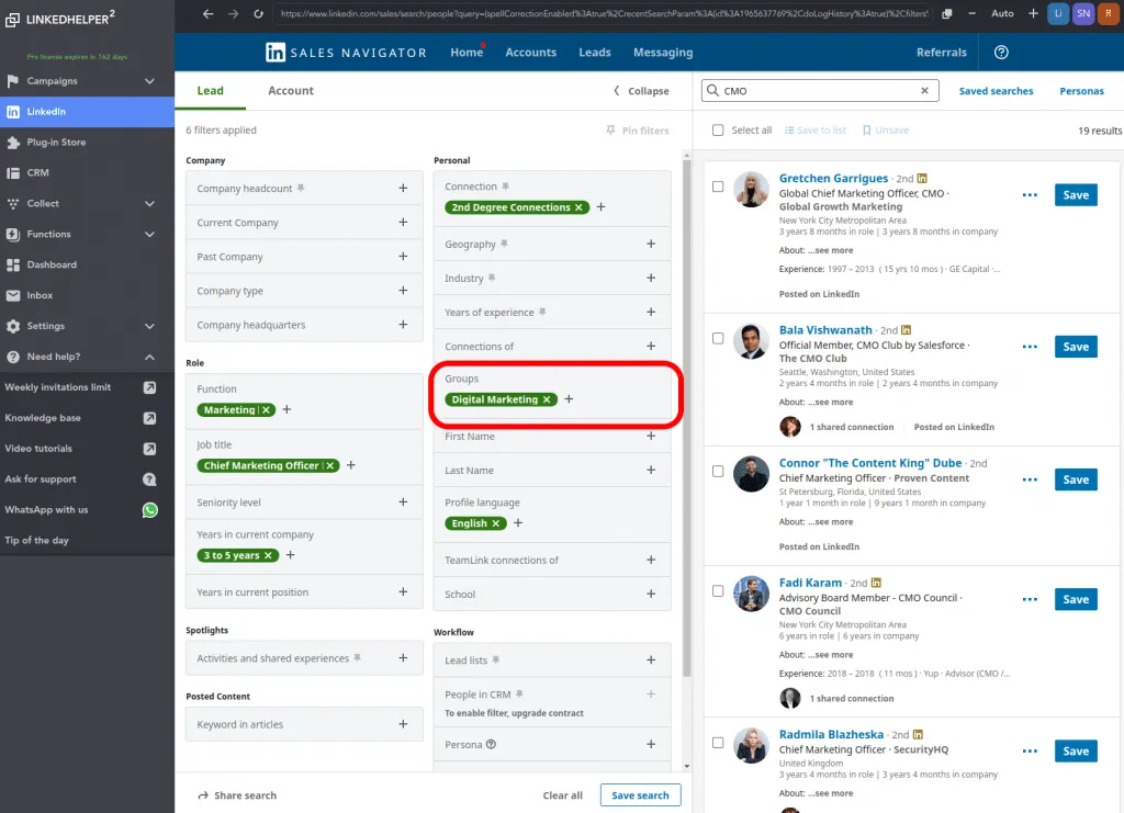 Beispiel für Filter in Sales Navigator