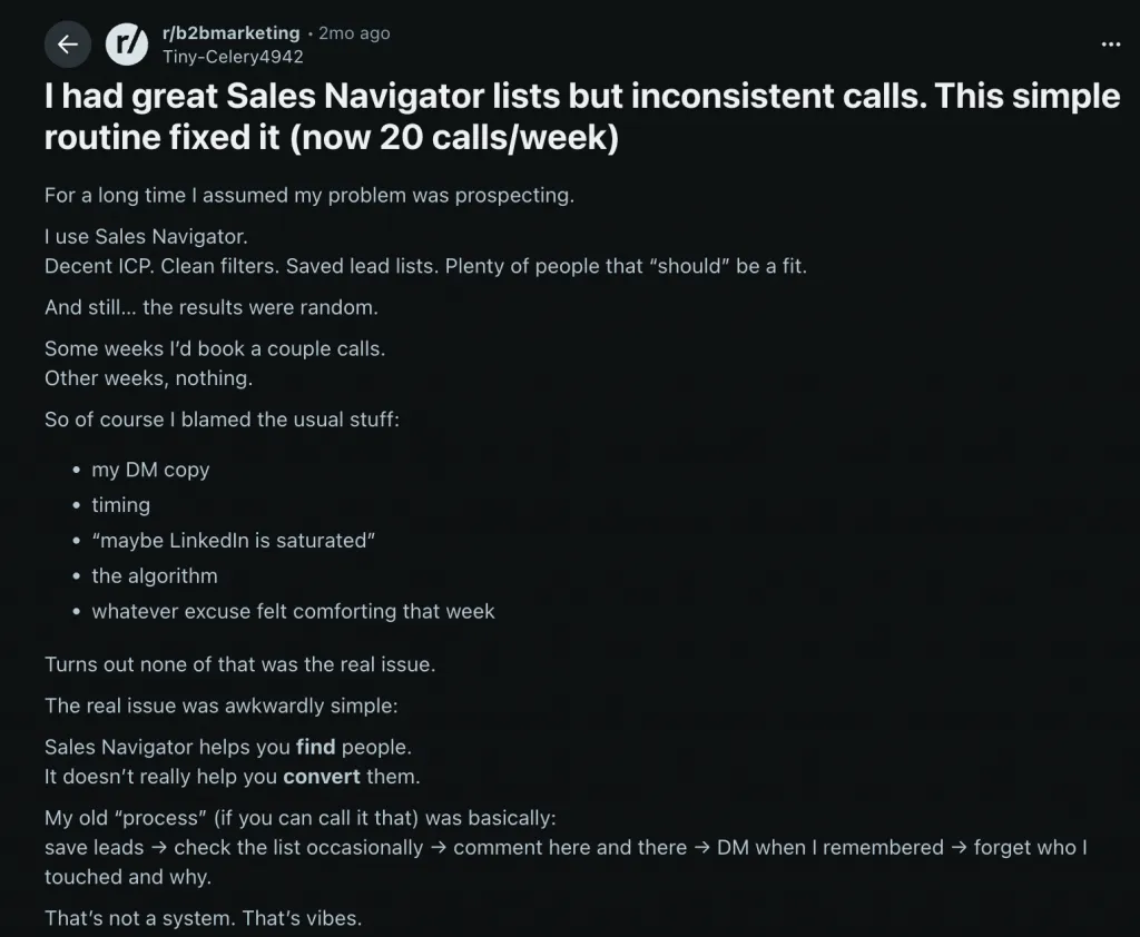 Reddit-Beitrag zu Sales Navigator-Listen