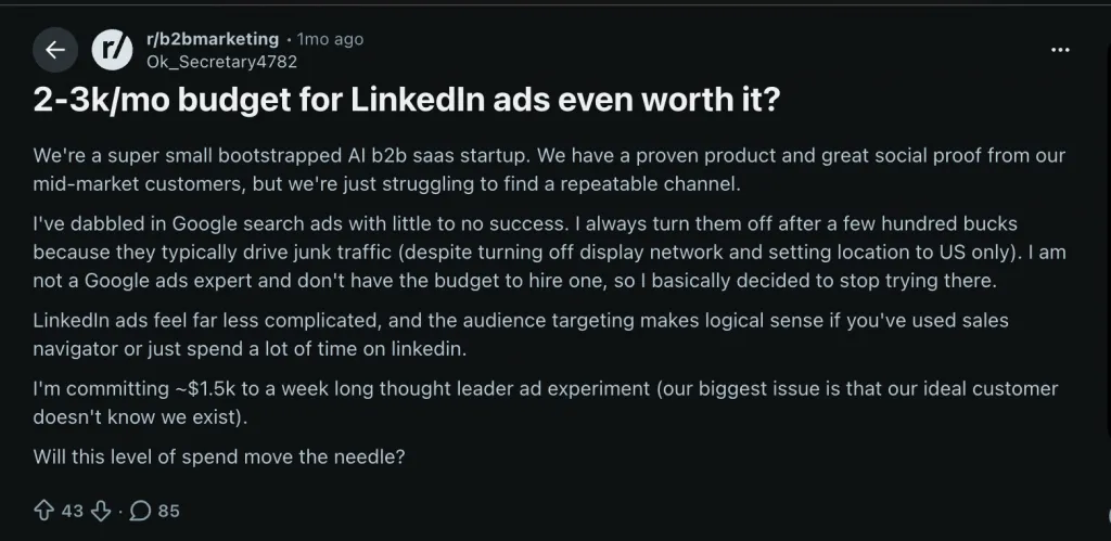 Reddit-Beitrag zu LinkedIn-Werbebudgets