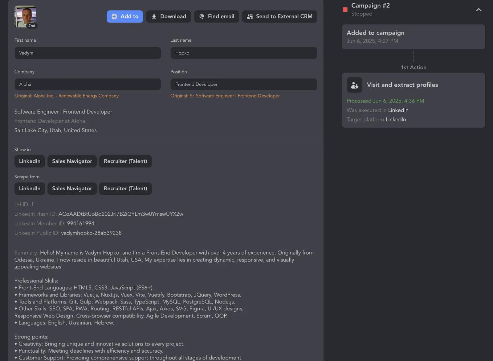 Linked Helper-CRM-Dashboard für B2B-Vertriebsstrategien und -taktiken