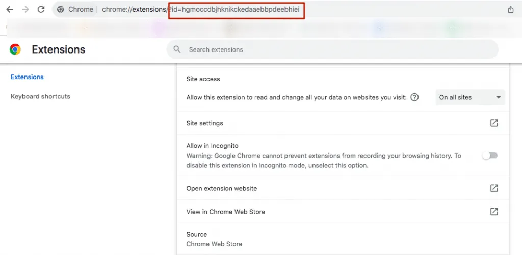 Screenshot der LinkedIn-Erweiterungs-ID in Chrome