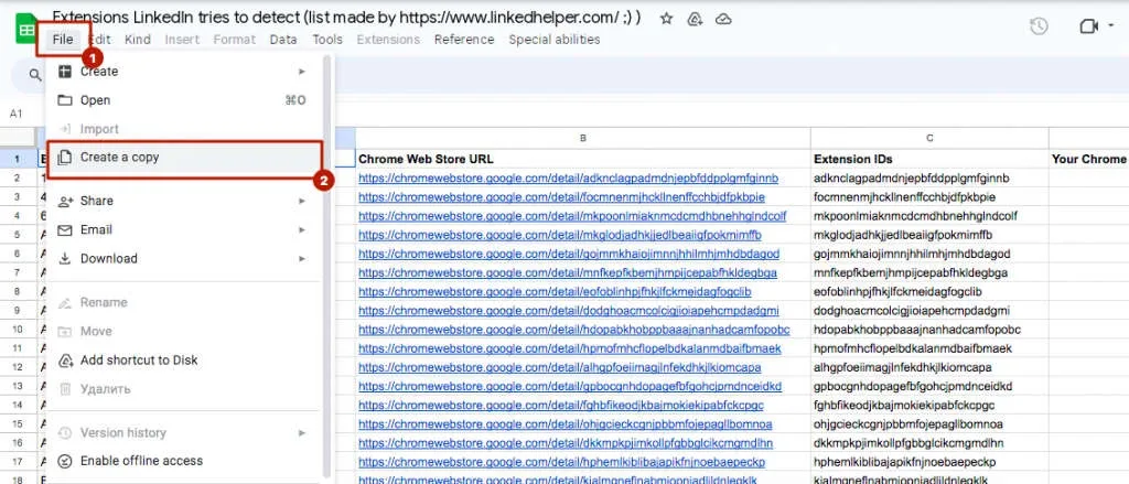 Google-Sheets-Screenshot zur Erstellung einer Kopie des Dokuments